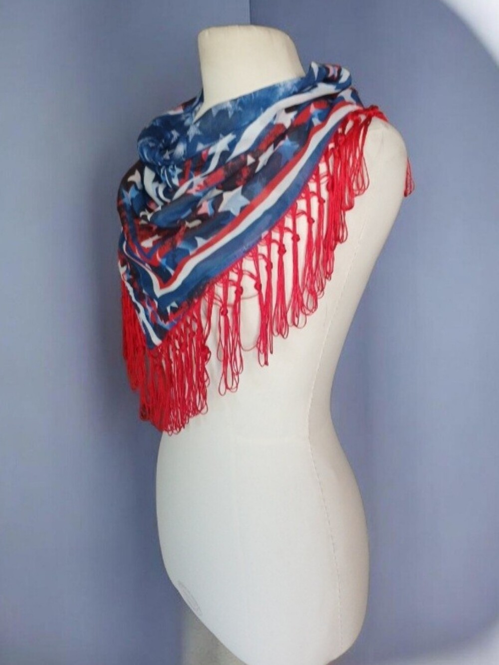 Star-Pattern Fringe Scarf - Red, White & Blue